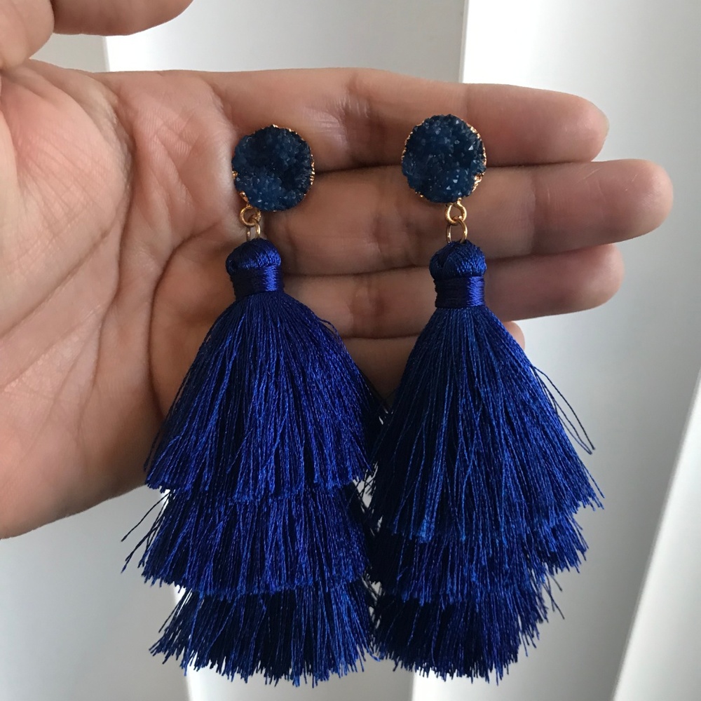 NEW Blue Tassel Fringe Layered Druzy Earrings